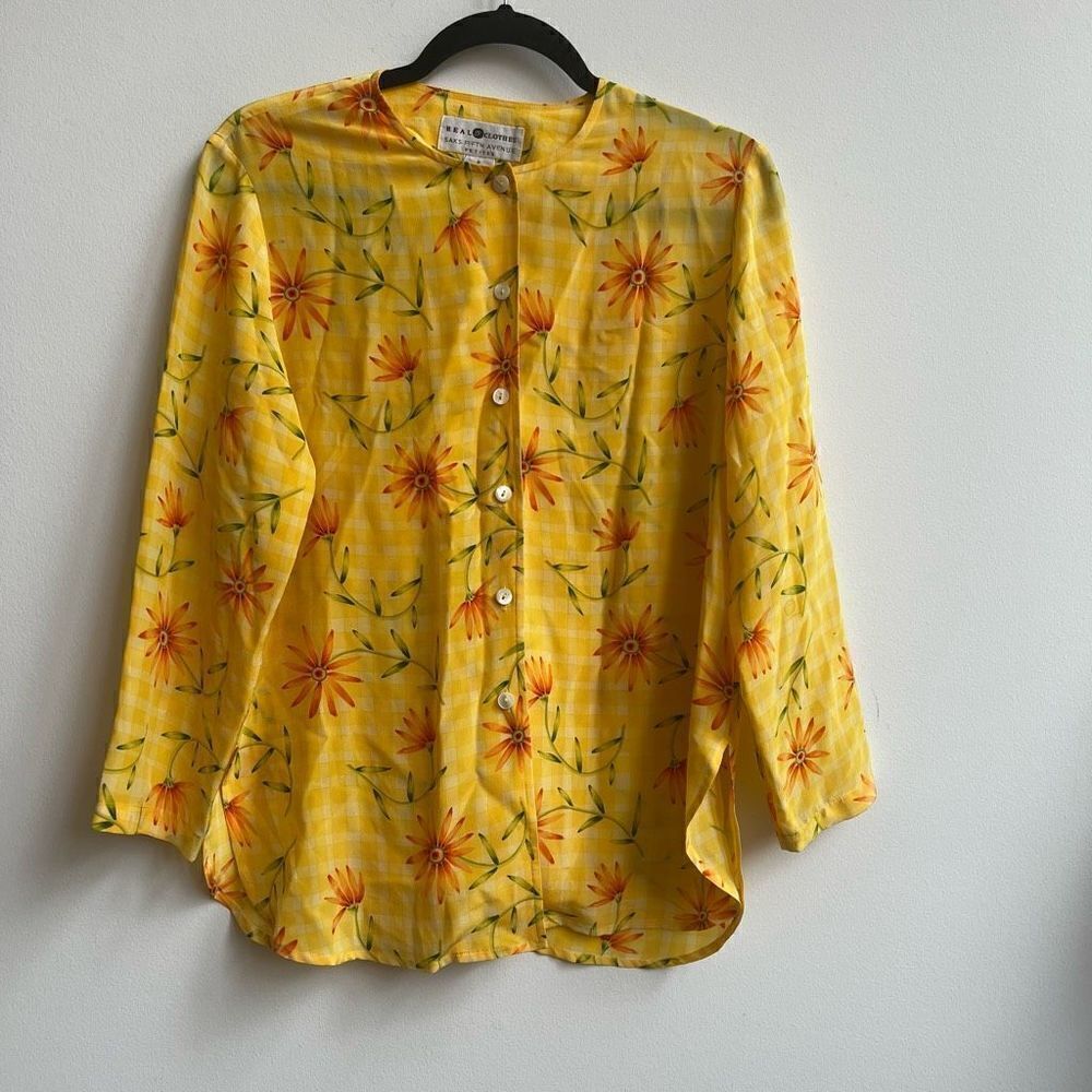 Saks Fifth Avenue Women's 100% Silk Floral Button-Down Long Sleeves Blouse Yello